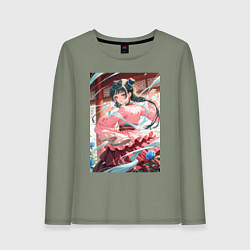 Лонгслив хлопковый женский Мао Мао танцует с лентами в окружении синих роз, цвет: авокадо