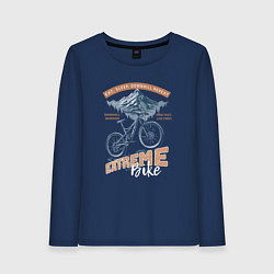 Лонгслив хлопковый женский Горный велосипед, лес, горы, эсктримальный стиль, цвет: тёмно-синий
