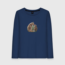 Лонгслив хлопковый женский Лиса и лисёнок, цвет: тёмно-синий