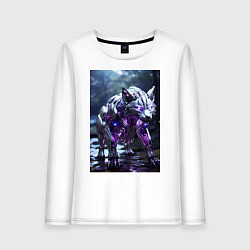 Лонгслив хлопковый женский Киборг лиса с неоновой подсветкой, цвет: белый