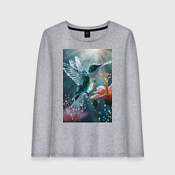 Лонгслив хлопковый женский Колибри летает у цветка, цвет: меланж