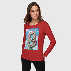 Лонгслив хлопковый женский Тюльпаны к 8 марта, цвет: красный — фото 2