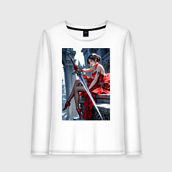 Лонгслив хлопковый женский Девушка в красном платье с мечем, цвет: белый