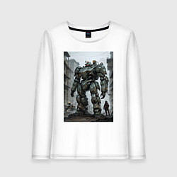 Лонгслив хлопковый женский Конвой роботов в городе, цвет: белый
