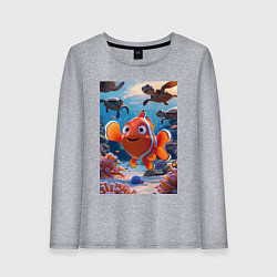 Лонгслив хлопковый женский Рыбка клоун плавает с черепахами, цвет: меланж