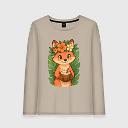 Лонгслив хлопковый женский Тропическая лисичка, цвет: миндальный