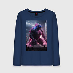 Лонгслив хлопковый женский Годзилла посреди мегаполиса, цвет: тёмно-синий