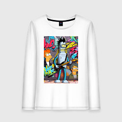 Лонгслив хлопковый женский Бендер с гитарой и Фрай - граффити, цвет: белый