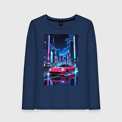 Лонгслив хлопковый женский Вишневый спорткар по мокрой дороге, цвет: тёмно-синий