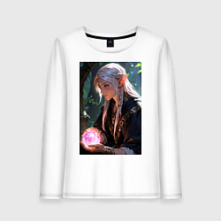 Лонгслив хлопковый женский Серьёзная эльфийка с магической сферой, цвет: белый
