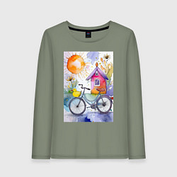 Лонгслив хлопковый женский Утенок на велосипеде - акварель, цвет: авокадо