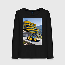 Лонгслив хлопковый женский Желтый суперкар у дома, цвет: черный