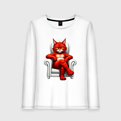 Лонгслив хлопковый женский Красный кот сидит в белом кресле, цвет: белый