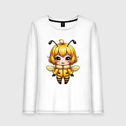 Лонгслив хлопковый женский Девочка-пчелка в стиле чибика, цвет: белый