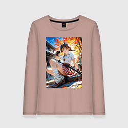 Лонгслив хлопковый женский Кошечка в саду с катаной, цвет: пыльно-розовый
