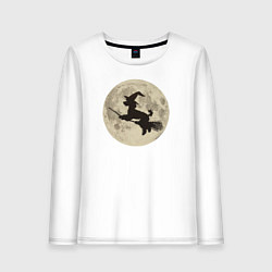 Лонгслив хлопковый женский Пудель на метле и луна, цвет: белый