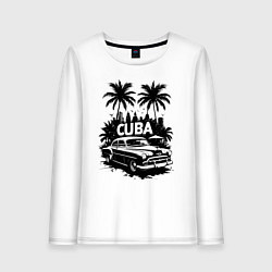 Лонгслив хлопковый женский Ретро-Куба пальмы и автомобиль, цвет: белый