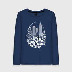 Лонгслив хлопковый женский Город в цветах, цвет: тёмно-синий