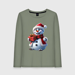 Женский лонгслив Новогодний снеговик в красной шапке