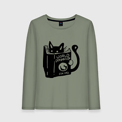 Лонгслив хлопковый женский Кот с книгой, цвет: авокадо