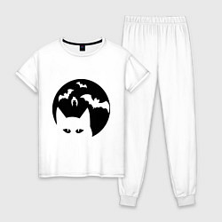 Пижама хлопковая женская Луна с котами, цвет: белый
