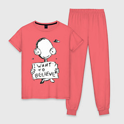 Пижама хлопковая женская I want to believe, цвет: коралловый
