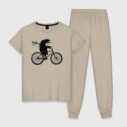 Пижама хлопковая женская Ежик на велосипеде, цвет: миндальный