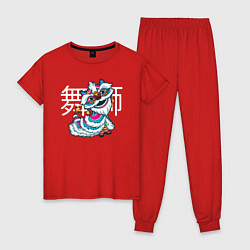 Пижама хлопковая женская Китайский танец льва, цвет: красный
