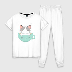 Пижама хлопковая женская Чайный котик, цвет: белый