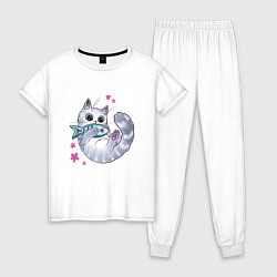 Пижама хлопковая женская Котик с рыбкой, цвет: белый