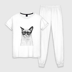 Пижама хлопковая женская Кот хипстер, цвет: белый