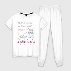 Пижама хлопковая женская Котенок с сердцами и словами, цвет: белый