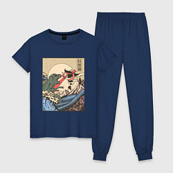 Пижама хлопковая женская Cat Kong versus Godzilla Kaiju, цвет: тёмно-синий