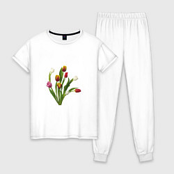 Пижама хлопковая женская Букет разноцветных тюльпанов, цвет: белый