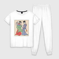 Пижама хлопковая женская Японские Гейши Гравюра Укиё-э, цвет: белый