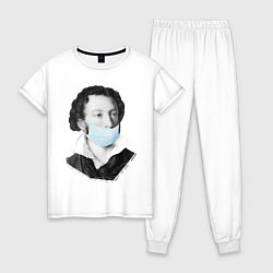 Пижама хлопковая женская Пушкин в медицинской маске, цвет: белый