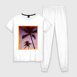 Пижама хлопковая женская Пальмы закат рамка, цвет: белый