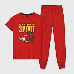 Пижама хлопковая женская Медведь экстремальный спорт, цвет: красный