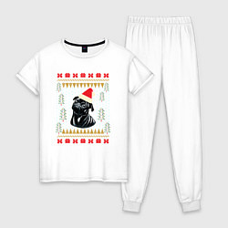 Пижама хлопковая женская Рождественский свитер Черный мопс, цвет: белый