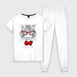 Пижама хлопковая женская Белый тигр в красных очках, цвет: белый