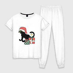 Пижама хлопковая женская Новогодний кот 2022, цвет: белый