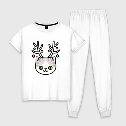 Пижама хлопковая женская Кот - олень, цвет: белый