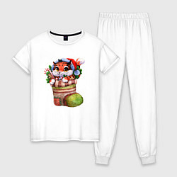 Пижама хлопковая женская Тигренок в носке 2022, цвет: белый