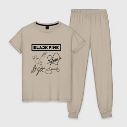 Пижама хлопковая женская BLACKPINK АВТОГРАФЫ ЧЁРНЫЙ БЛЭКПИНК, цвет: миндальный