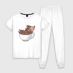 Пижама хлопковая женская Милый Котик в чашке, цвет: белый