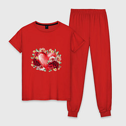Пижама хлопковая женская ЦВЕТЫ И СЕРДЦЕ, цвет: красный