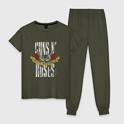 Пижама хлопковая женская Guns N Roses Рок группа, цвет: меланж-хаки