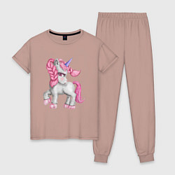 Пижама хлопковая женская Единорог с розовой гривой, цвет: пыльно-розовый