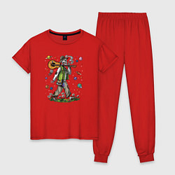 Пижама хлопковая женская Скелет хиппи, цвет: красный