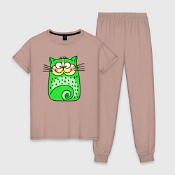 Пижама хлопковая женская Прикольный зеленый кот, цвет: пыльно-розовый